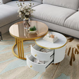 2 in 1 Round MDF Coffee Table, Side Table with 1 Marble Effect and 1 Brown Tempered Glass Top, 2 Drawers Coffee Table Combo for Living Room, 70*70*45 + 50*50*40cm_11