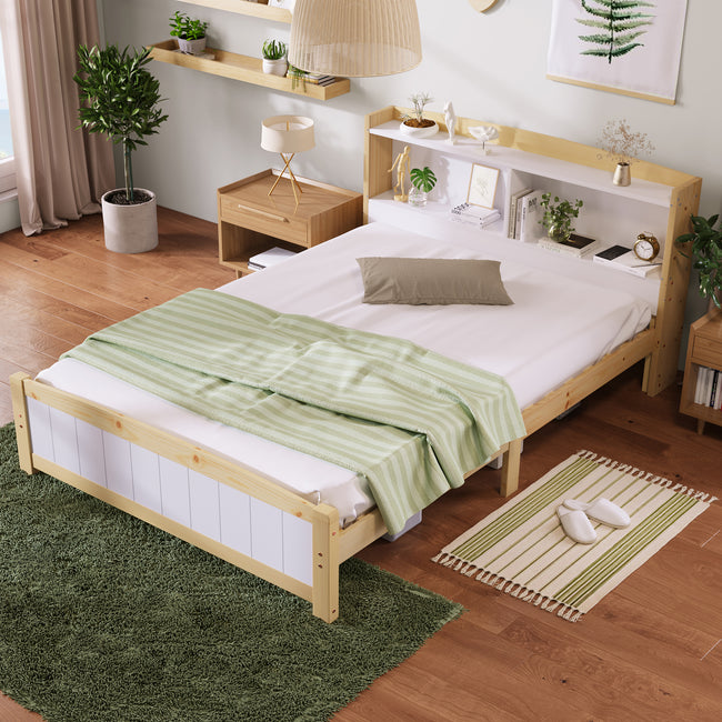 Solid Wooden Bed Frames, Double Storage Headboard Bed, 4FT6 Double (135 x 190 cm) Frame Only_1