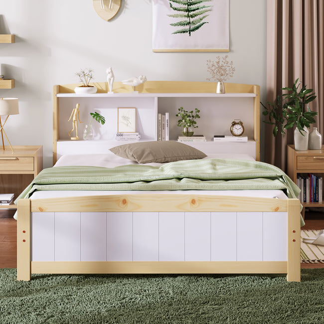 Solid Wooden Bed Frames, Double Storage Headboard Bed, 4FT6 Double (135 x 190 cm) Frame Only_2