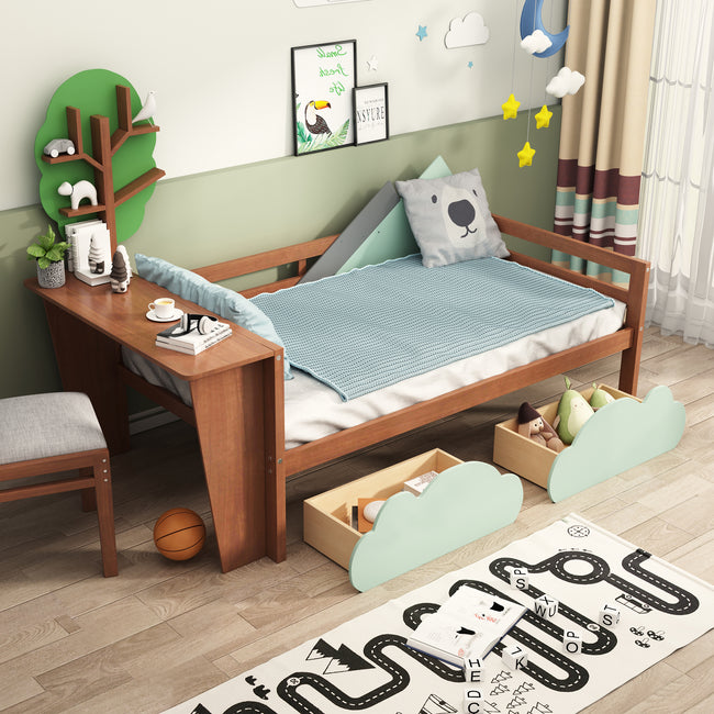 3FT Kids Toddler Bed with Storage Drawers and Desk, Tree Shelves , Single Tree Shape Daybed with 2 Drawers, 90*190cm_1