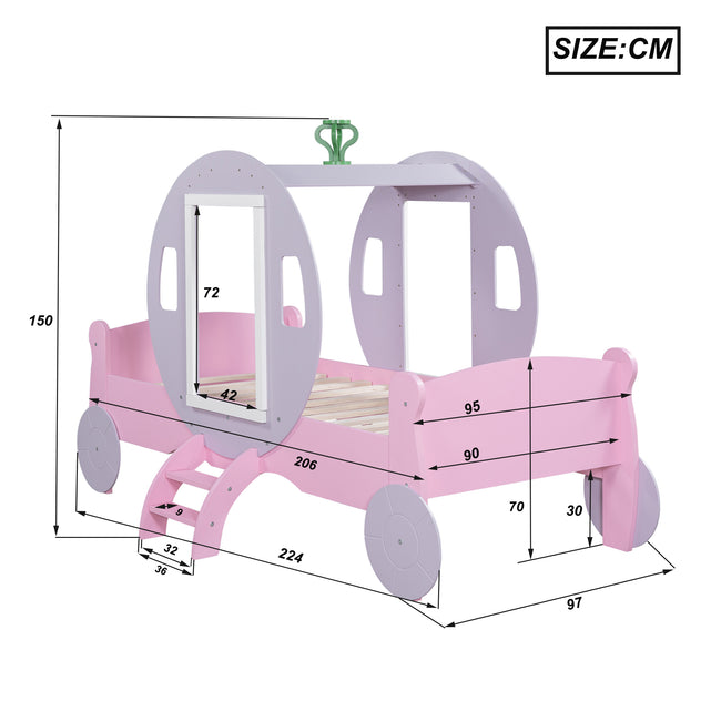 3FT  Princess Carriage Kids Toddler Bed , Single Car Bed, Pink, 90*190cm_4