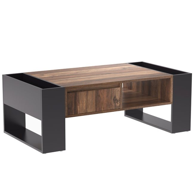 Wood grain coffee table, with a handleless drawer, a storage compartment and rear storage compartment, double-sided storage. With storage compartments on both sides.Office, living room sofa t_6