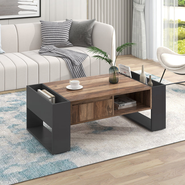 Wood grain coffee table, with a handleless drawer, a storage compartment and rear storage compartment, double-sided storage. With storage compartments on both sides.Office, living room sofa t_0