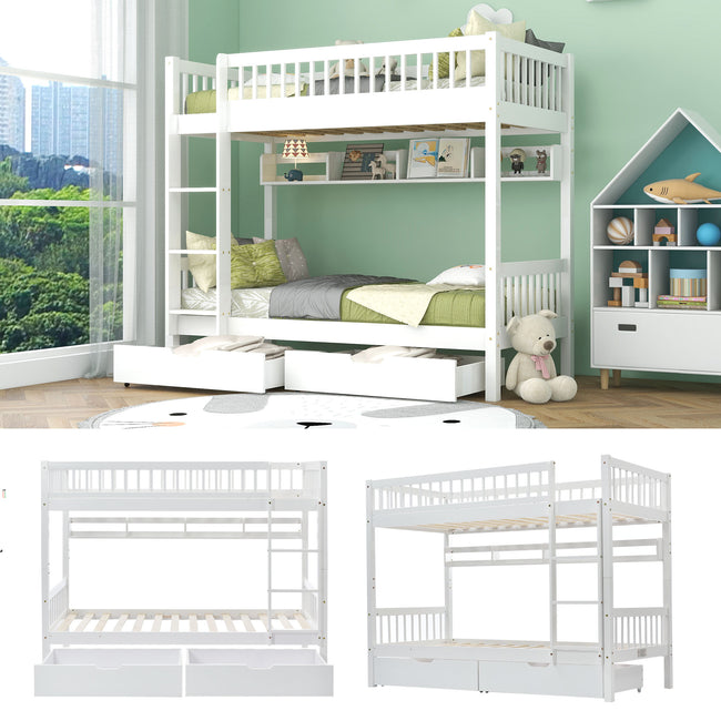 Bunk Bed, Kids Children, 3FT Solid Pine Wood Single Bed Frame & under Bed Slide Drawer Storage, with Shelf, White (90x190cm)_4