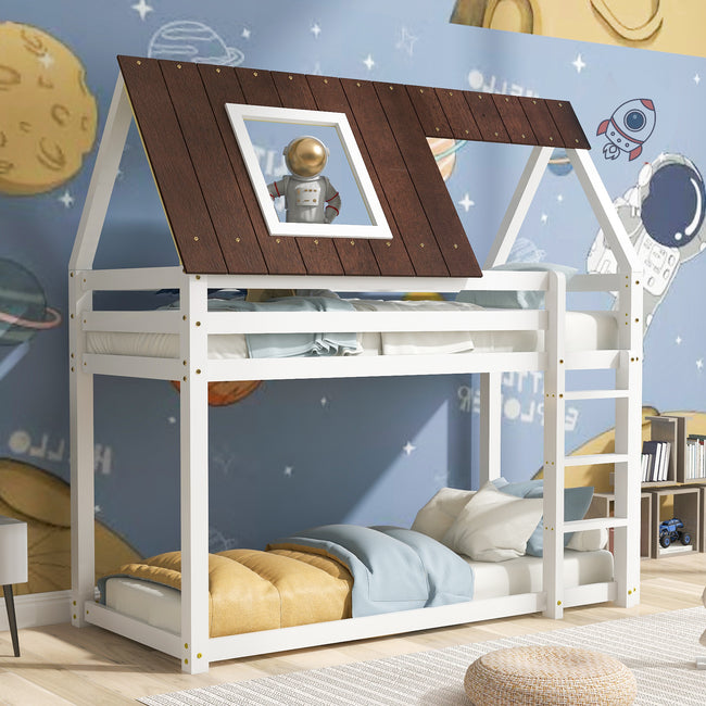 Bunk Bed with 3-step-ladder, Kids Children, House Bed, 3FT Solid Pine Wood Single Bed Frame, with Fall Protection and Fences, brown MDF Roof, white Bed (90x190cm)_2