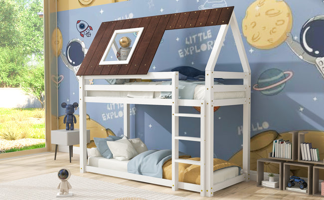 Bunk Bed with 3-step-ladder, Kids Children, House Bed, 3FT Solid Pine Wood Single Bed Frame, with Fall Protection and Fences, brown MDF Roof, white Bed (90x190cm)_5