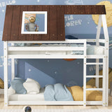 Bunk Bed with 3-step-ladder, Kids Children, House Bed, 3FT Solid Pine Wood Single Bed Frame, with Fall Protection and Fences, brown MDF Roof, white Bed (90x190cm)_0
