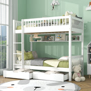 Bunk Bed, Kids Children, 3FT Solid Pine Wood Single Bed Frame & under Bed Slide Drawer Storage, with Shelf, White (90x190cm)_0