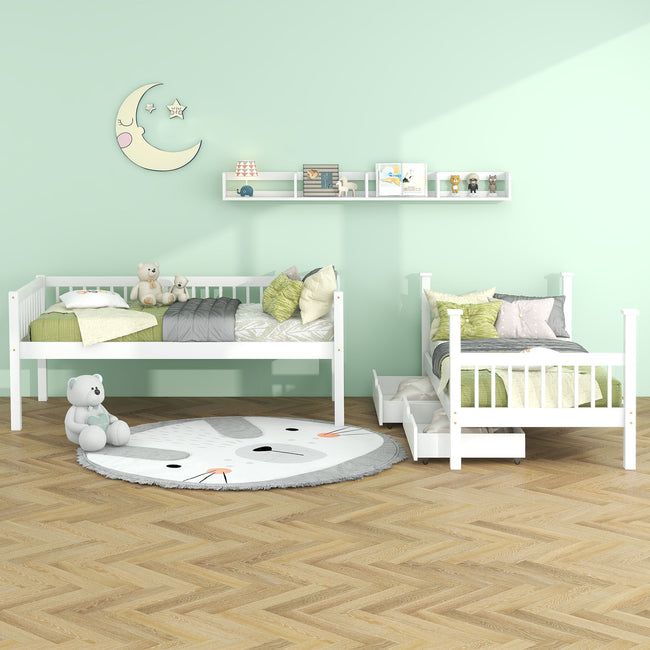 Bunk Bed, Kids Children, 3FT Solid Pine Wood Single Bed Frame & under Bed Slide Drawer Storage, with Shelf, White (90x190cm)_2