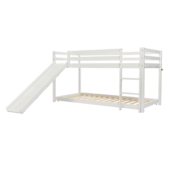 Children's Cabin Bed Frame with Slide & Ladder, Bunk Bed for Kids with Adjustable Ladder and Slide, Adjustable Lower Bed (White, 190x90cm+200x90cm)_6