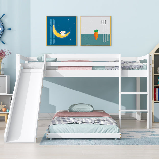 Children's Cabin Bed Frame with Slide & Ladder, Bunk Bed for Kids with Adjustable Ladder and Slide, Adjustable Lower Bed (White, 190x90cm+200x90cm)_2