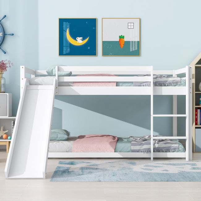 Children's Cabin Bed Frame with Slide & Ladder, Bunk Bed for Kids with Adjustable Ladder and Slide, Adjustable Lower Bed (White, 190x90cm+200x90cm)_1