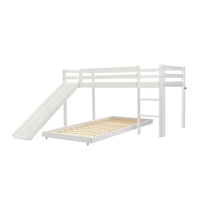 Children's Cabin Bed Frame with Slide & Ladder, Bunk Bed for Kids with Adjustable Ladder and Slide, Adjustable Lower Bed (White, 190x90cm+200x90cm)_7
