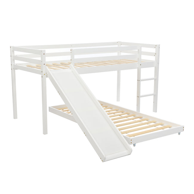 Children's Cabin Bed Frame with Slide & Ladder, Bunk Bed for Kids with Adjustable Ladder and Slide, Adjustable Lower Bed (White, 190x90cm+200x90cm)_9