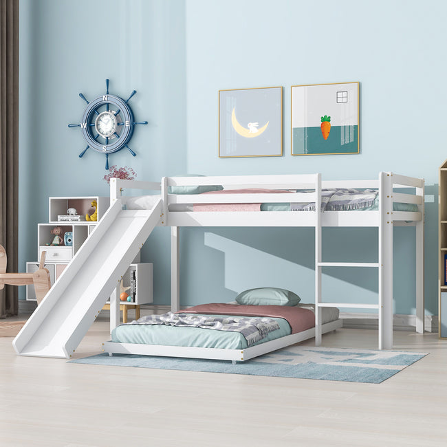 Children's Cabin Bed Frame with Slide & Ladder, Bunk Bed for Kids with Adjustable Ladder and Slide, Adjustable Lower Bed (White, 190x90cm+200x90cm)_0