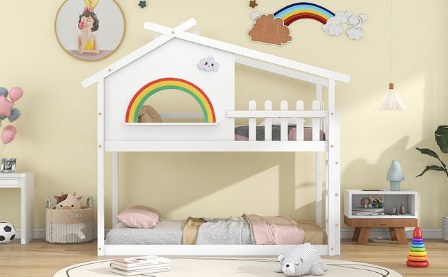 3FT Children's Bunk Bed Frame with Ladder, House Bed, Bunk Bed for Kids, Teenagers (White, 190x90cm)_5