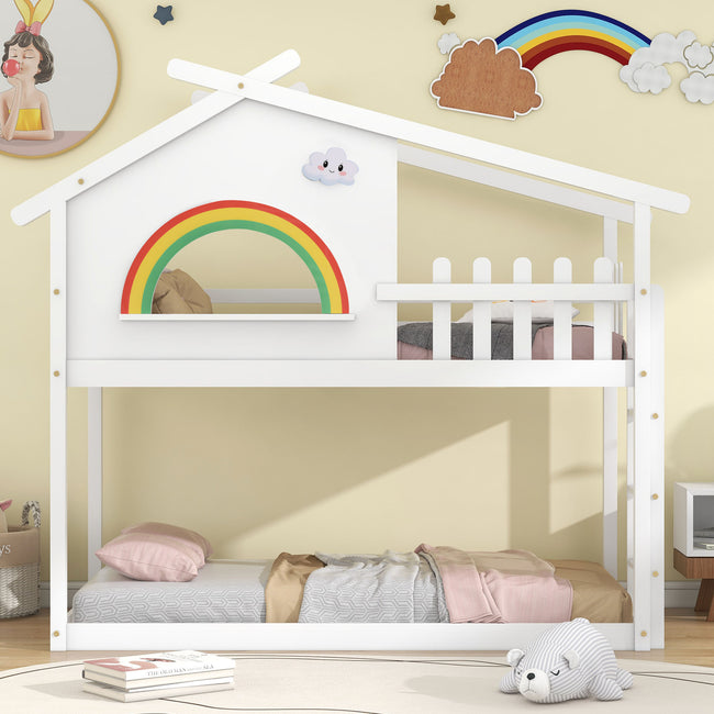 3FT Children's Bunk Bed Frame with Ladder, House Bed, Bunk Bed for Kids, Teenagers (White, 190x90cm)_0