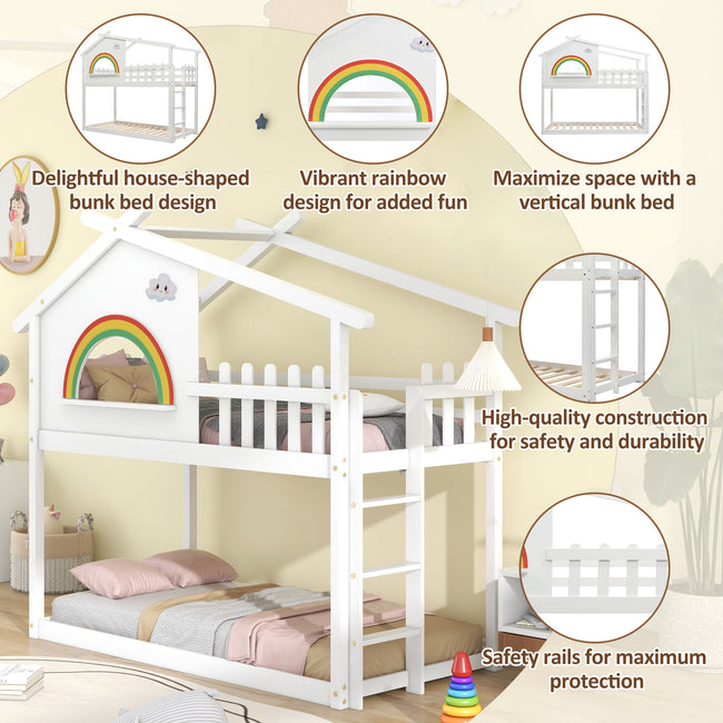 3FT Children's Bunk Bed Frame with Ladder, House Bed, Bunk Bed for Kids, Teenagers (White, 190x90cm)_3