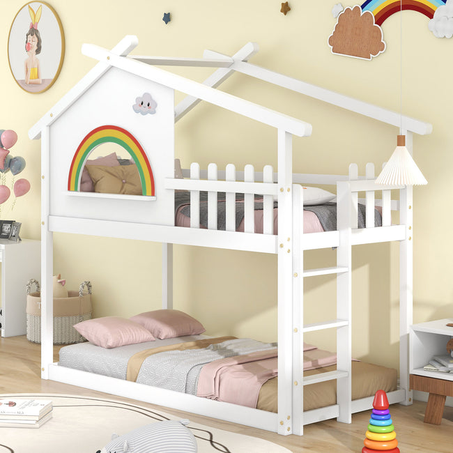 3FT Children's Bunk Bed Frame with Ladder, House Bed, Bunk Bed for Kids, Teenagers (White, 190x90cm)_1