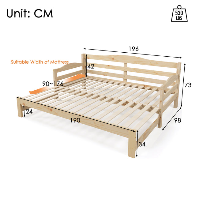 Daybed Cabin Bed SIngle Guest Bed Sofa Bed, Pull out Trundle for Living Room and Bedroom - (3 FT) 90 x190 cm -Natural_8