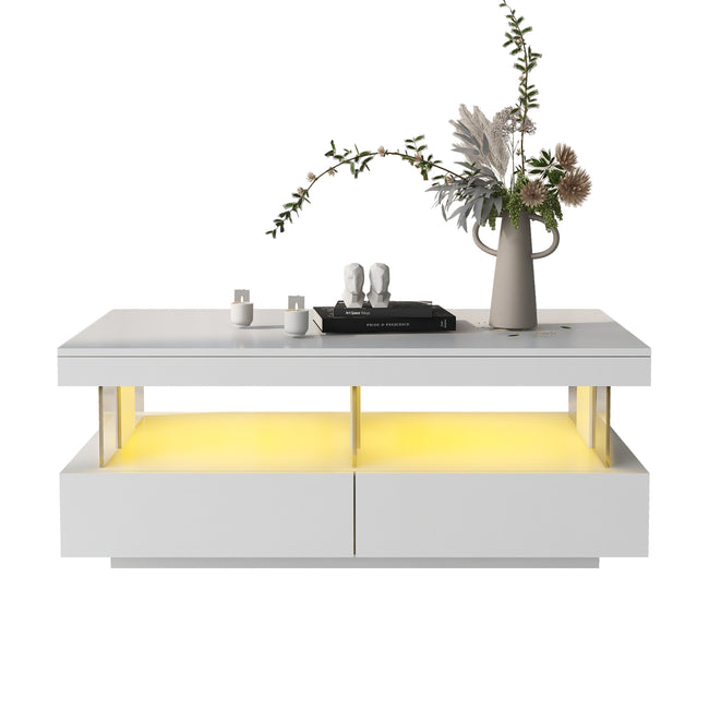 White High Gloss LED Coffee Table, Tea Table with 16 Colors LED Lights, Coffee Table with 2 Drawers and Open Storage Space, Rectangular Table for Office, Store and Living Room 100*60*49.5cm_11