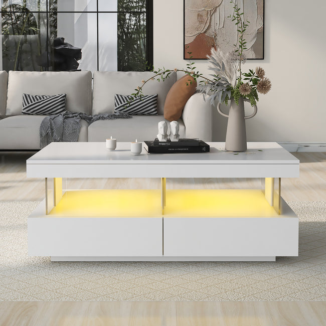 White High Gloss LED Coffee Table, Tea Table with 16 Colors LED Lights, Coffee Table with 2 Drawers and Open Storage Space, Rectangular Table for Office, Store and Living Room 100*60*49.5cm_15