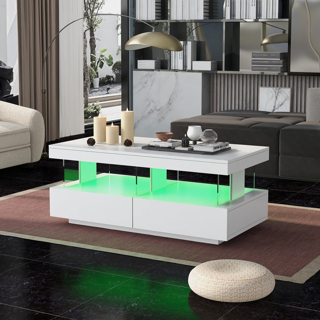 White High Gloss LED Coffee Table, Tea Table with 16 Colors LED Lights, Coffee Table with 2 Drawers and Open Storage Space, Rectangular Table for Office, Store and Living Room 100*60*49.5cm_14