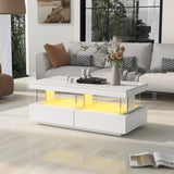 White High Gloss LED Coffee Table, Tea Table with 16 Colors LED Lights, Coffee Table with 2 Drawers and Open Storage Space, Rectangular Table for Office, Store and Living Room 100*60*49.5cm_17