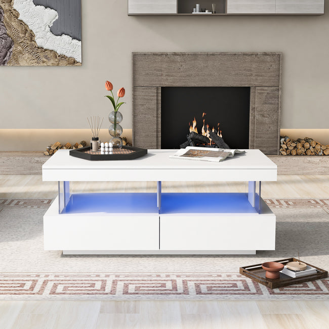 White High Gloss LED Coffee Table, Tea Table with 16 Colors LED Lights, Coffee Table with 2 Drawers and Open Storage Space, Rectangular Table for Office, Store and Living Room 100*60*49.5cm_9