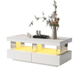 White High Gloss LED Coffee Table, Tea Table with 16 Colors LED Lights, Coffee Table with 2 Drawers and Open Storage Space, Rectangular Table for Office, Store and Living Room 100*60*49.5cm_13
