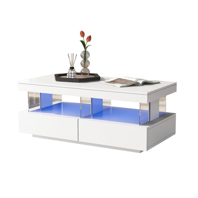 White High Gloss LED Coffee Table, Tea Table with 16 Colors LED Lights, Coffee Table with 2 Drawers and Open Storage Space, Rectangular Table for Office, Store and Living Room 100*60*49.5cm_0