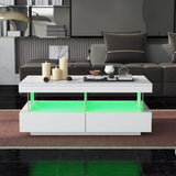 White High Gloss LED Coffee Table, Tea Table with 16 Colors LED Lights, Coffee Table with 2 Drawers and Open Storage Space, Rectangular Table for Office, Store and Living Room 100*60*49.5cm_16