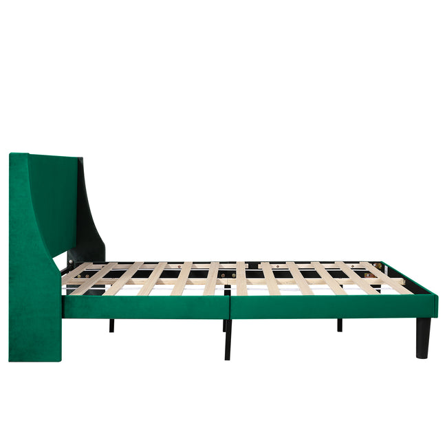 Double Bed Velvet Dark Green 4FT6 Upholstered Bed with Winged Headboard, Wood Slat Support_11