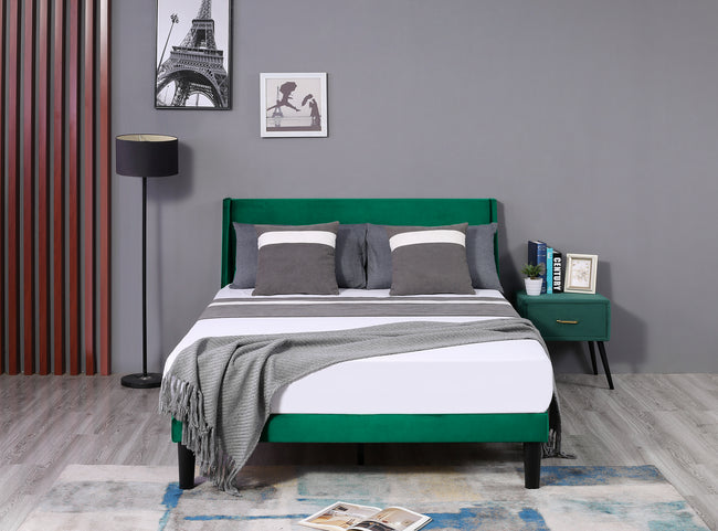 Double Bed Velvet Dark Green 4FT6 Upholstered Bed with Winged Headboard, Wood Slat Support_17
