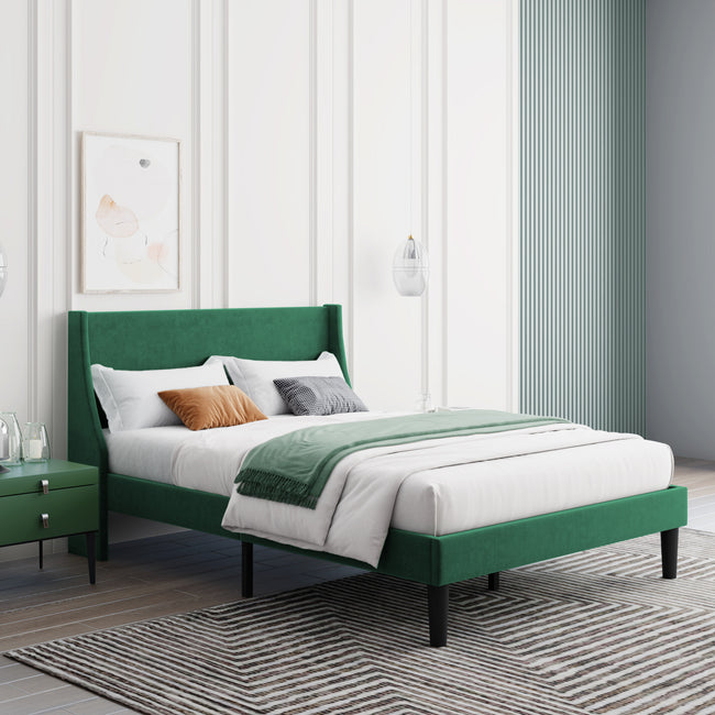 Double Bed Velvet Dark Green 4FT6 Upholstered Bed with Winged Headboard, Wood Slat Support_1