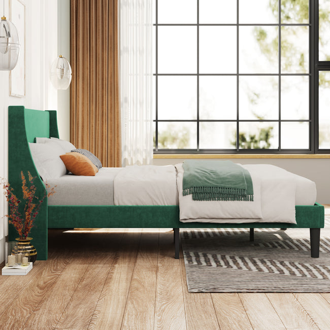 Double Bed Velvet Dark Green 4FT6 Upholstered Bed with Winged Headboard, Wood Slat Support_2