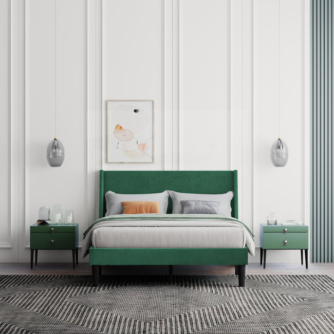 Double Bed Velvet Dark Green 4FT6 Upholstered Bed with Winged Headboard, Wood Slat Support_15