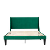 Double Bed Velvet Dark Green 4FT6 Upholstered Bed with Winged Headboard, Wood Slat Support_12