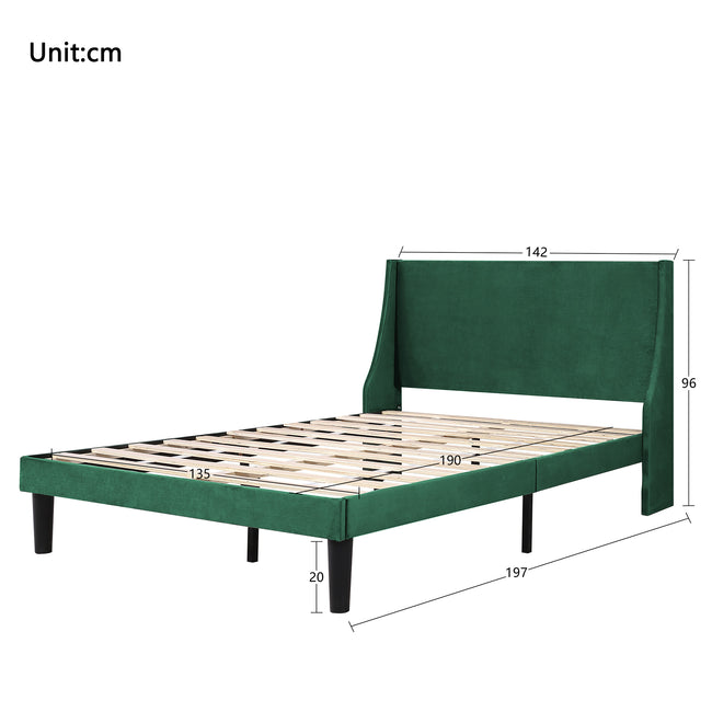 Double Bed Velvet Dark Green 4FT6 Upholstered Bed with Winged Headboard, Wood Slat Support_14