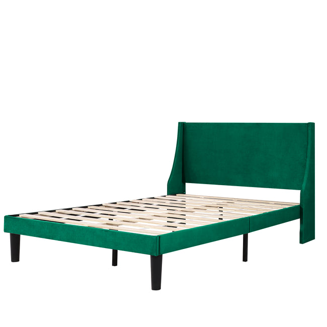 Double Bed Velvet Dark Green 4FT6 Upholstered Bed with Winged Headboard, Wood Slat Support_13