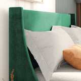 Double Bed Velvet Dark Green 4FT6 Upholstered Bed with Winged Headboard, Wood Slat Support_8