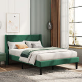 Double Bed Velvet Dark Green 4FT6 Upholstered Bed with Winged Headboard, Wood Slat Support_0