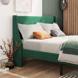 Double Bed Velvet Dark Green 4FT6 Upholstered Bed with Winged Headboard, Wood Slat Support_3