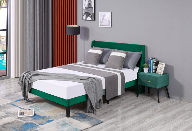 Double Bed Velvet Dark Green 4FT6 Upholstered Bed with Winged Headboard, Wood Slat Support_16