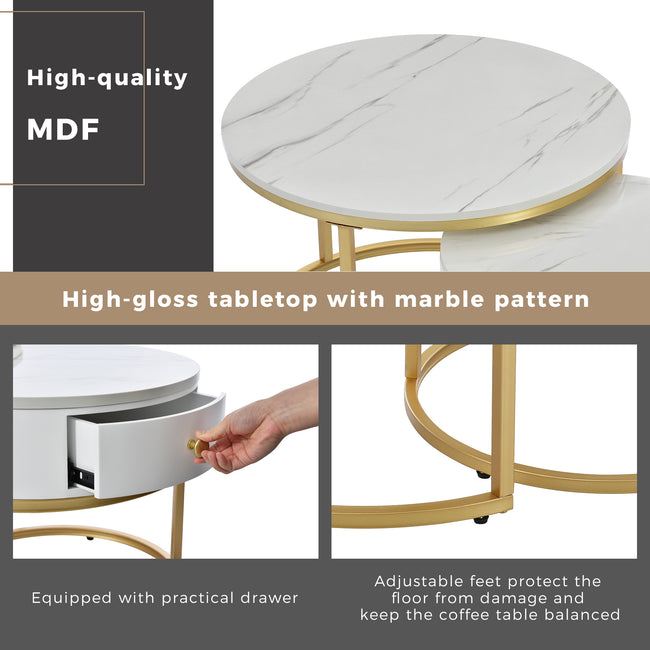 Round Coffee Tables with drawer, Removable Set of 2 End Table, Nesting Tables with Storage Gold Metal Frame Legs and Marble Pattern (non-rock slab)Top for Living Room, Bedroom, Office, Balcon_2