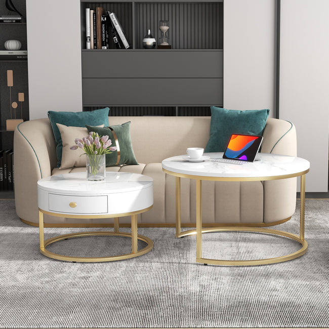 Round Coffee Tables with drawer, Removable Set of 2 End Table, Nesting Tables with Storage Gold Metal Frame Legs and Marble Pattern (non-rock slab)Top for Living Room, Bedroom, Office, Balcon_8