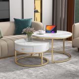 Round Coffee Tables with drawer, Removable Set of 2 End Table, Nesting Tables with Storage Gold Metal Frame Legs and Marble Pattern (non-rock slab)Top for Living Room, Bedroom, Office, Balcon_0