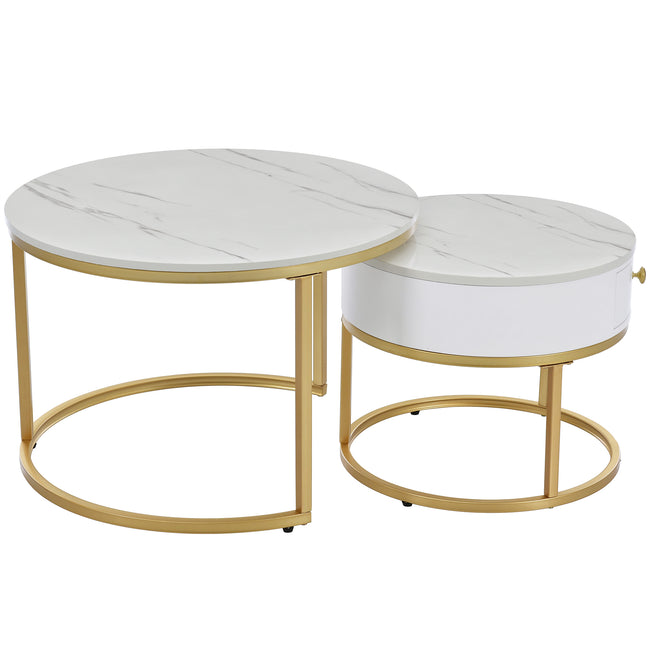 Round Coffee Tables with drawer, Removable Set of 2 End Table, Nesting Tables with Storage Gold Metal Frame Legs and Marble Pattern (non-rock slab)Top for Living Room, Bedroom, Office, Balcon_13