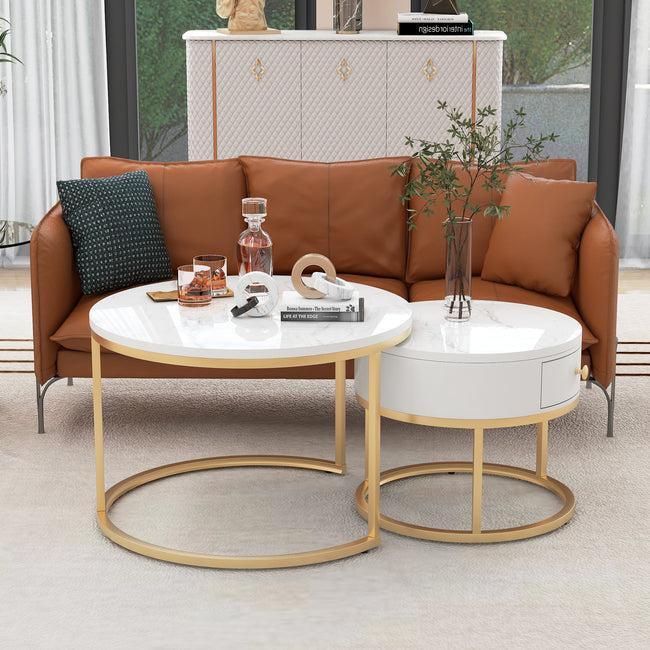 Round Coffee Tables with drawer, Removable Set of 2 End Table, Nesting Tables with Storage Gold Metal Frame Legs and Marble Pattern (non-rock slab)Top for Living Room, Bedroom, Office, Balcon_6