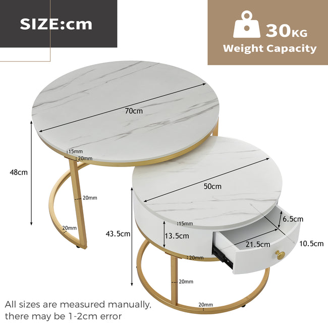 Round Coffee Tables with drawer, Removable Set of 2 End Table, Nesting Tables with Storage Gold Metal Frame Legs and Marble Pattern (non-rock slab)Top for Living Room, Bedroom, Office, Balcon_4